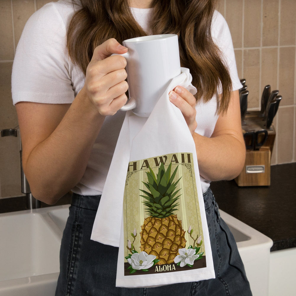 Hawaii, Aloha, Colonial Pineapple, Organic Cotton Kitchen Tea Towels Kitchen Lantern Press 