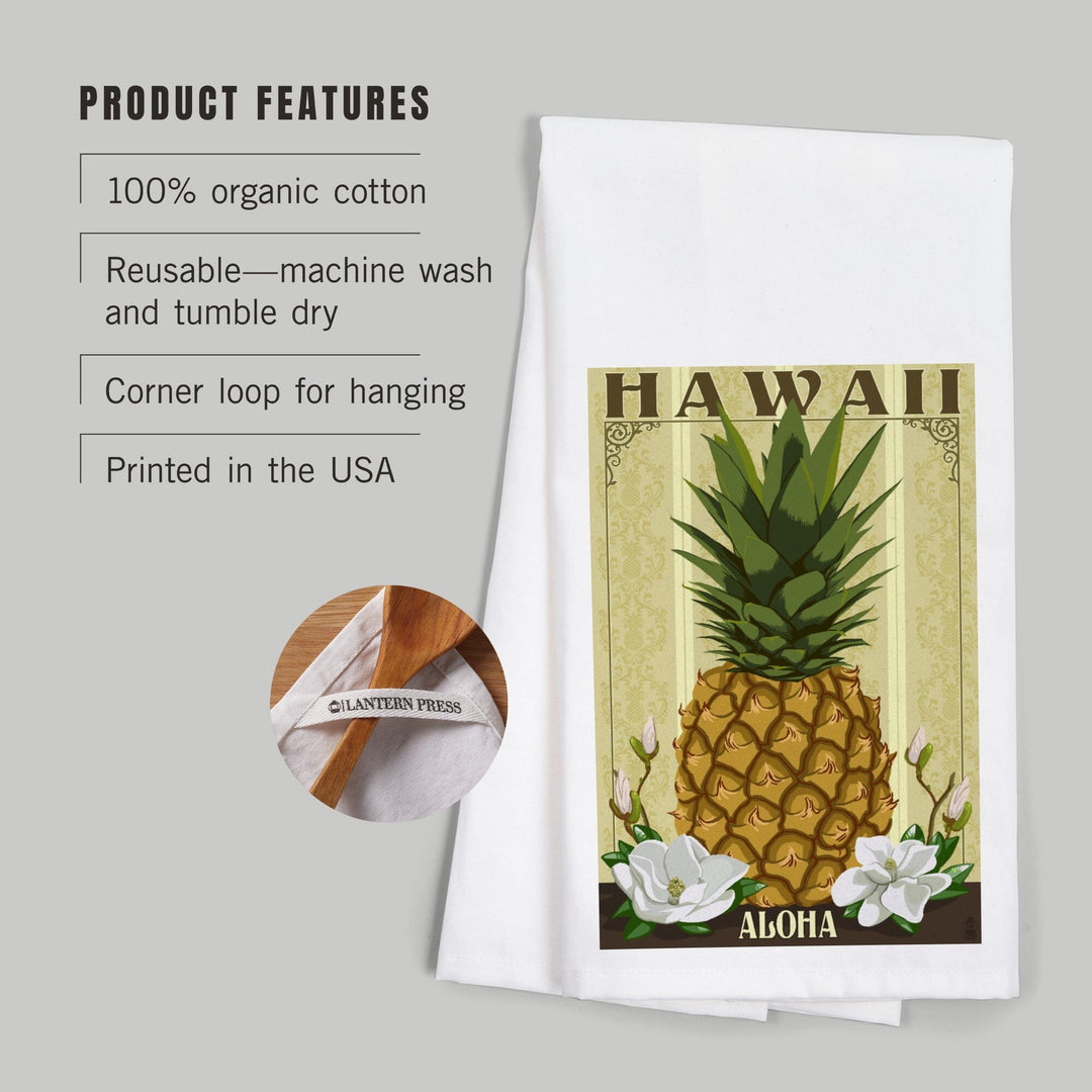 Hawaii, Aloha, Colonial Pineapple, Organic Cotton Kitchen Tea Towels Kitchen Lantern Press 