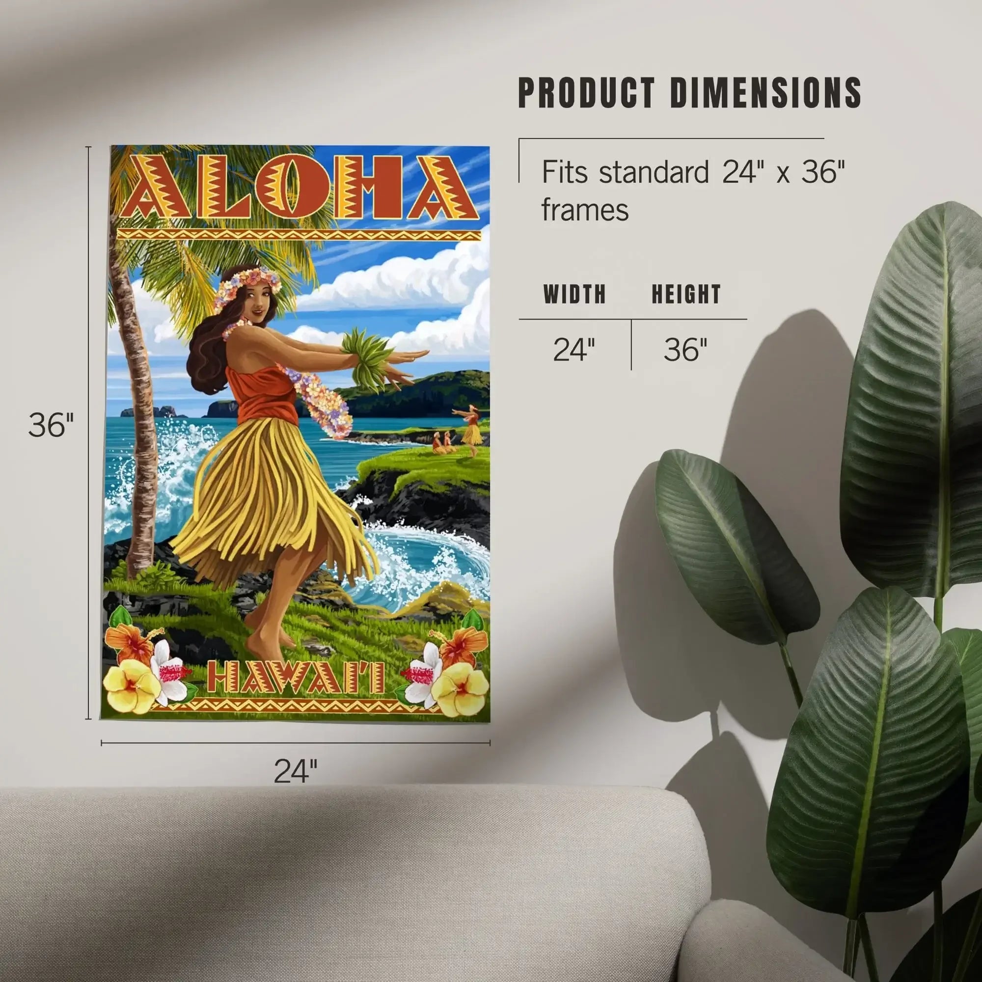 Hula Girl 限定版アート 238/250 24x30 Hawaii, Aloha, Hula Girl on Coast (Flower Border) art prints
