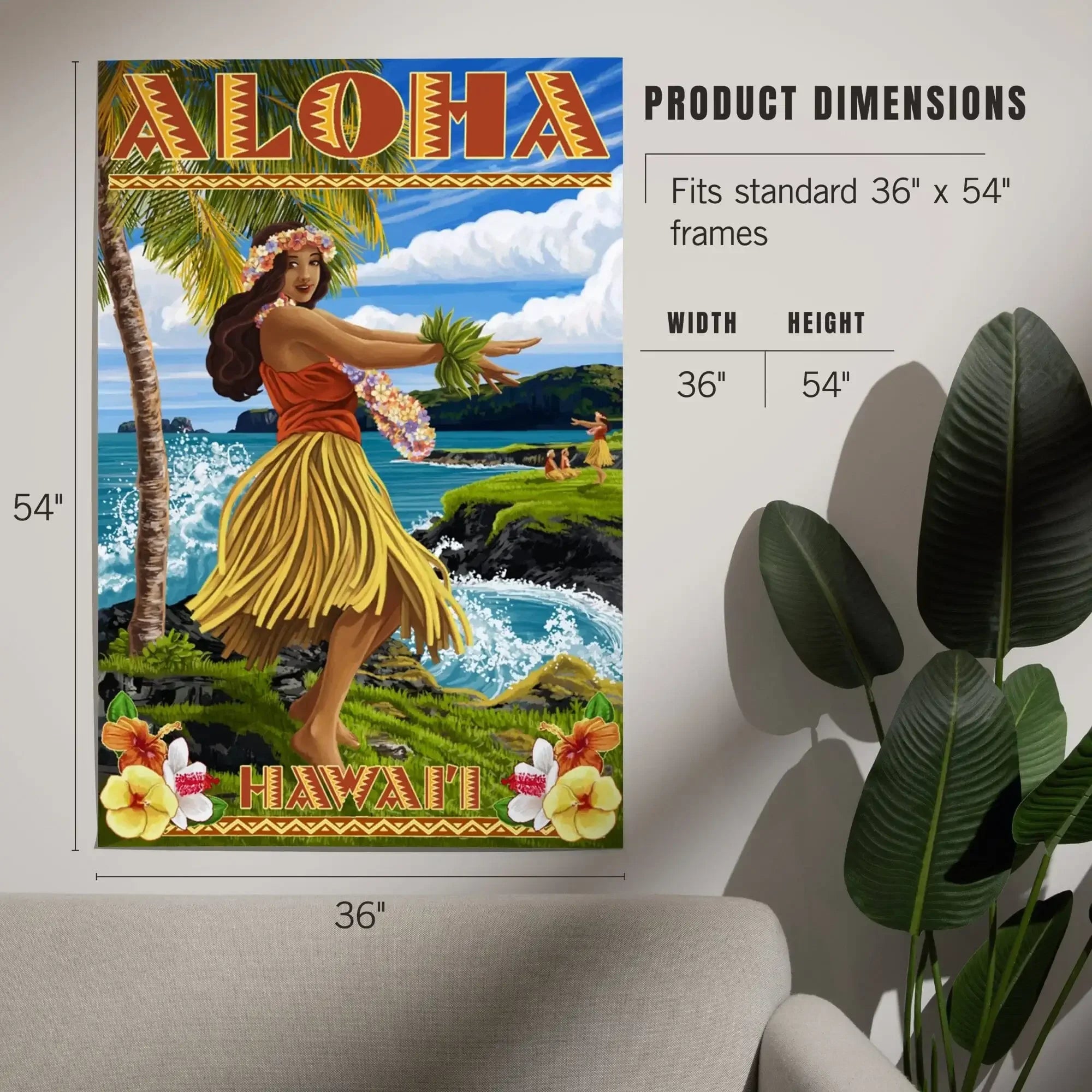 Hawaii, Aloha, Hula Girl on Coast (Flower Border) art prints
