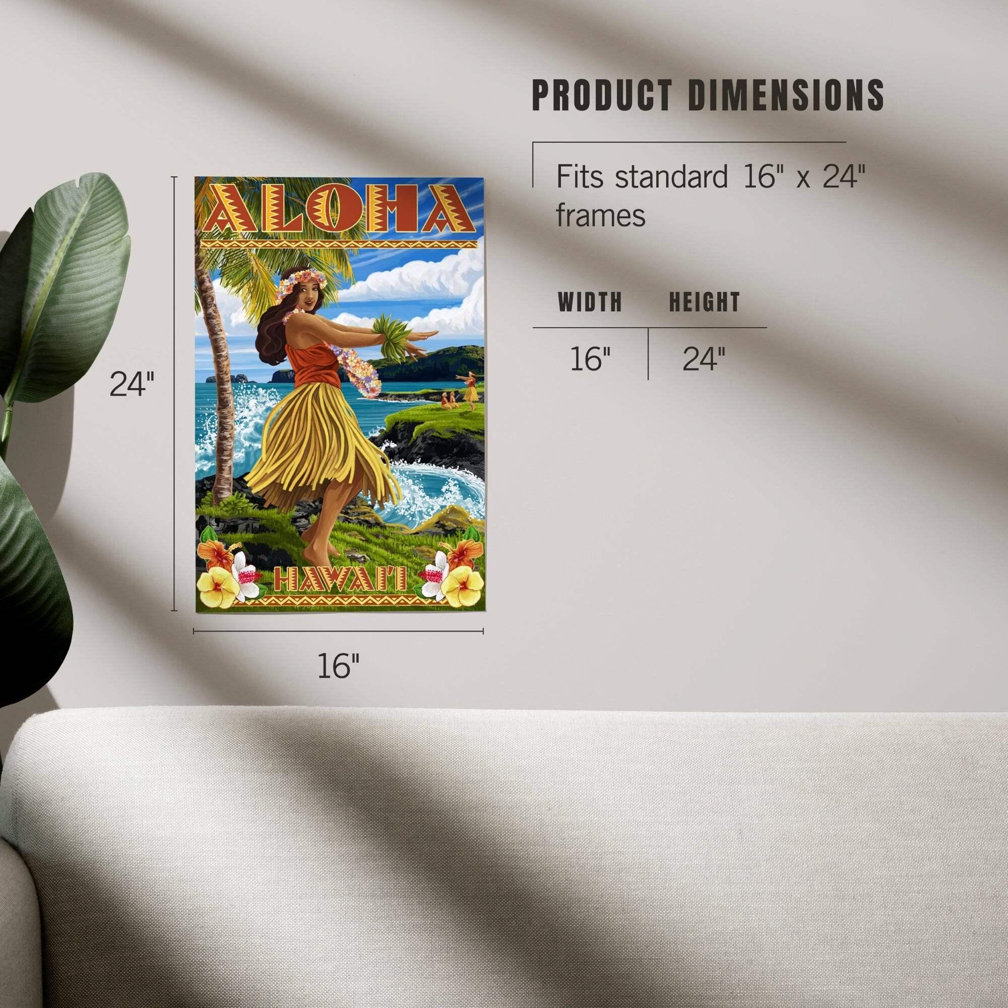 Hawaii, Aloha, Hula Girl on Coast (Flower Border) art prints