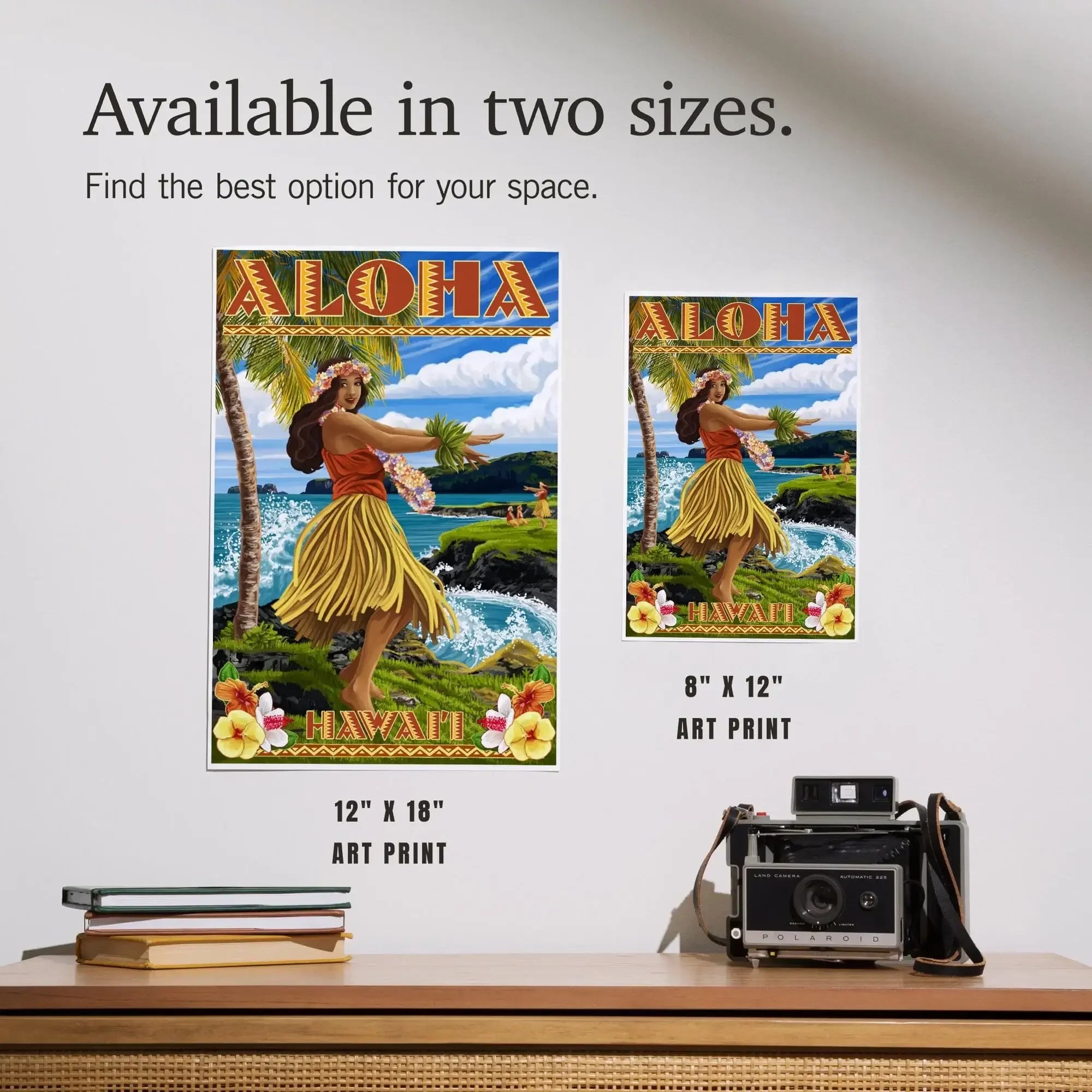 Hawaii, Aloha, Hula Girl on Coast (Flower Border) art prints