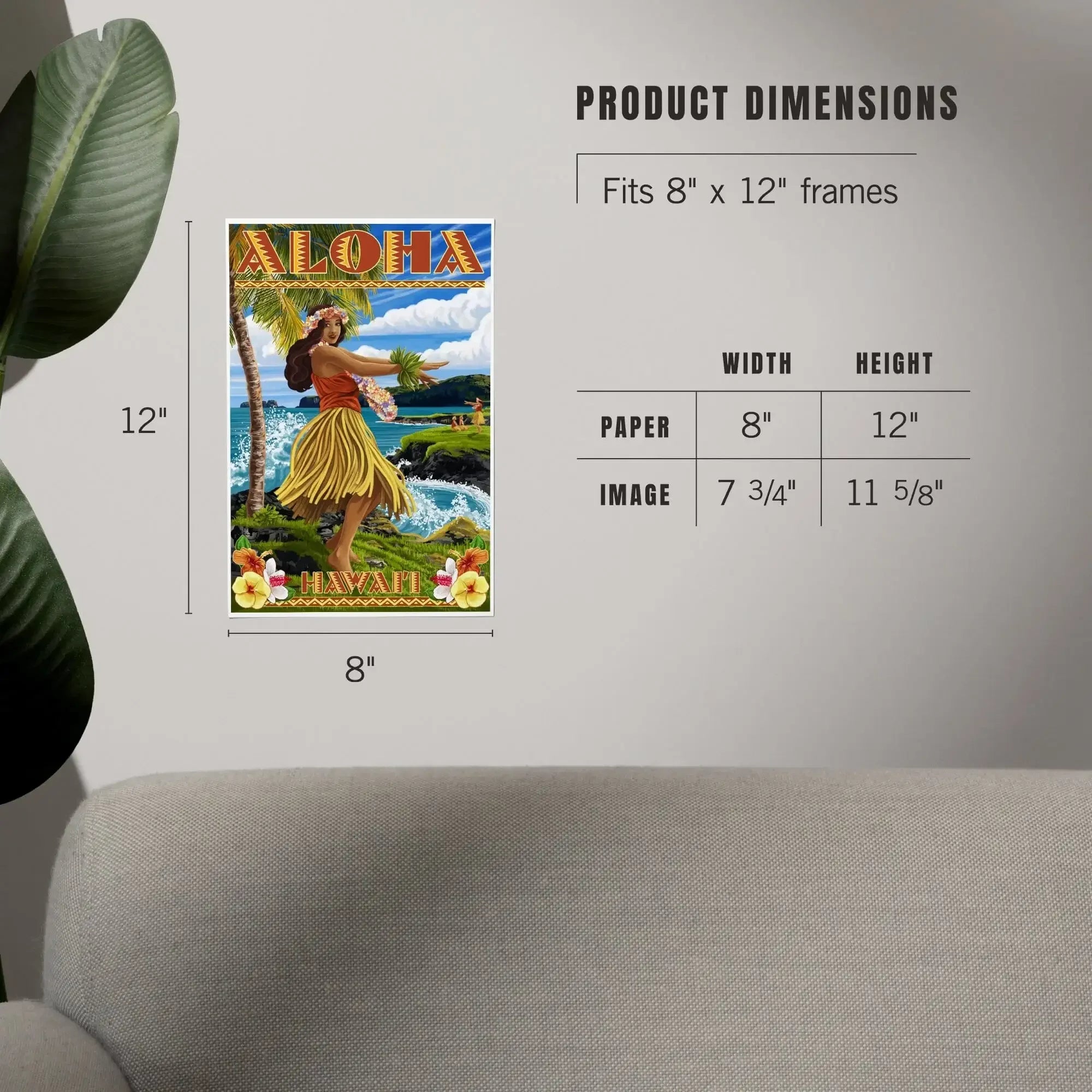 Hawaii, Aloha, Hula Girl on Coast (Flower Border) art prints