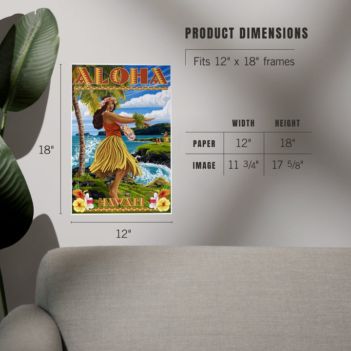 Hawaii, Aloha, Hula Girl on Coast (Flower Border), Art & Giclee Prints Art Lantern Press 