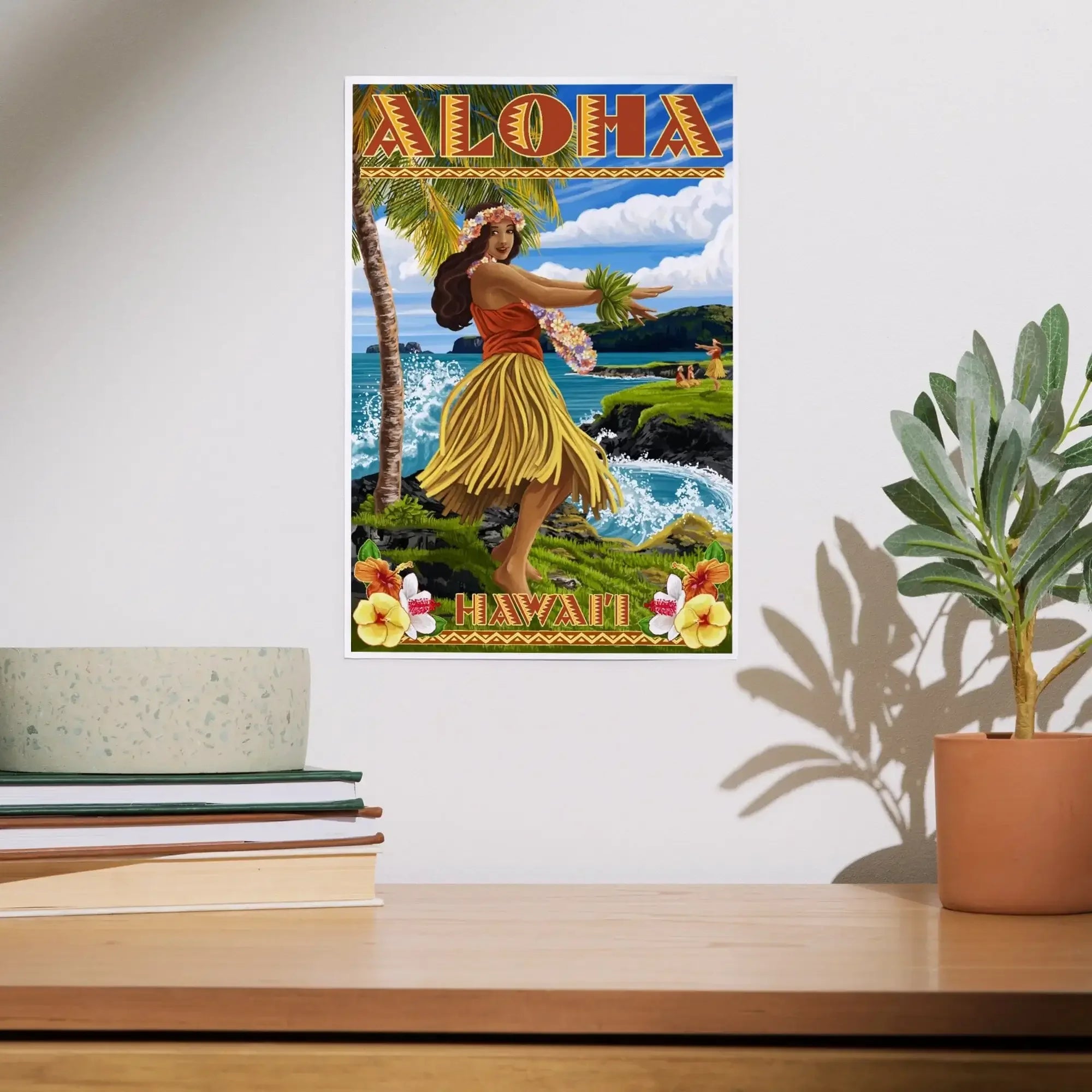 Hawaii, Aloha, Hula Girl on Coast (Flower Border) art prints