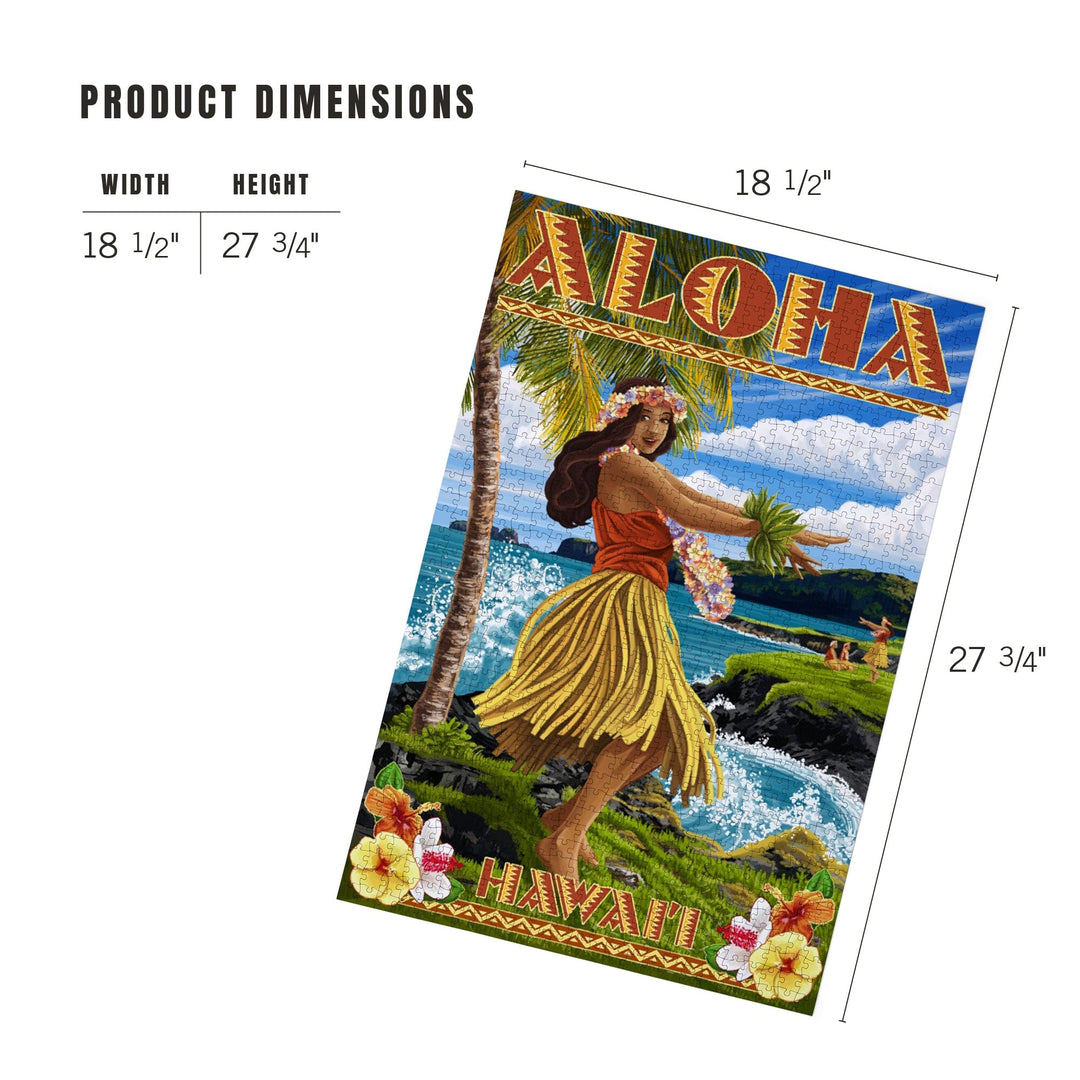 Hawaii, Aloha, Hula Girl on Coast (Flower Border), Jigsaw Puzzle Puzzle Lantern Press 