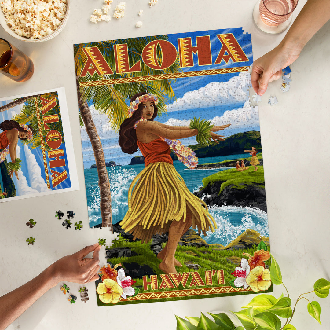 Hawaii, Aloha, Hula Girl on Coast (Flower Border), Jigsaw Puzzle Puzzle Lantern Press 