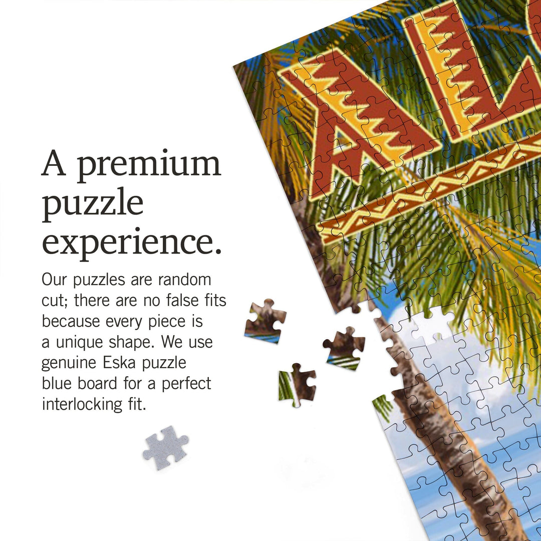 Hawaii, Aloha, Hula Girl on Coast (Flower Border), Jigsaw Puzzle Puzzle Lantern Press 