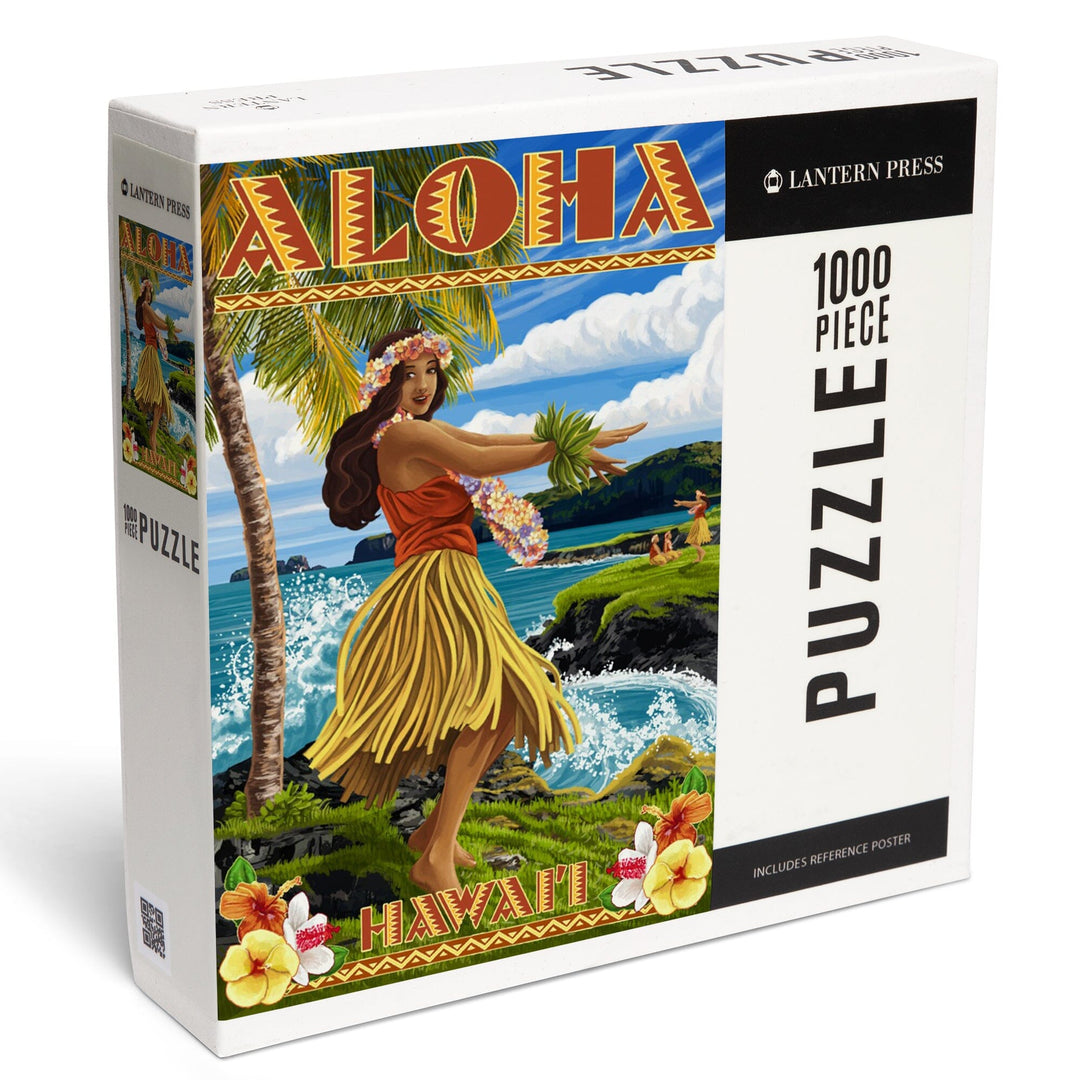 Hawaii, Aloha, Hula Girl on Coast (Flower Border), Jigsaw Puzzle Puzzle Lantern Press 