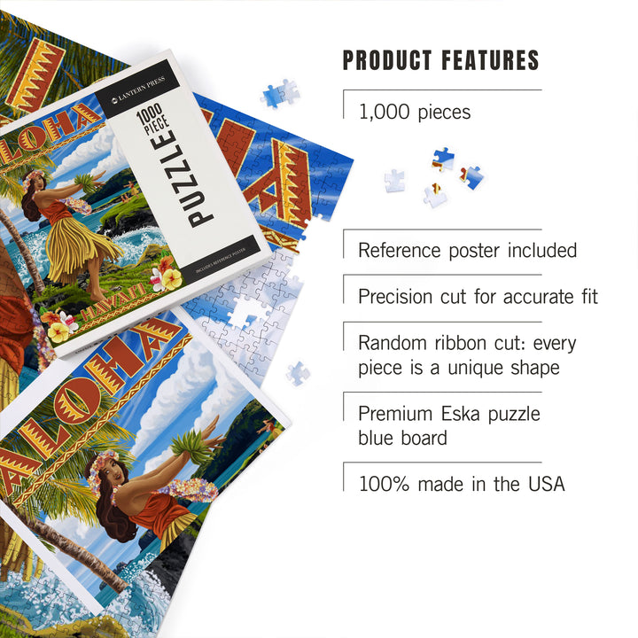 Hawaii, Aloha, Hula Girl on Coast (Flower Border), Jigsaw Puzzle Puzzle Lantern Press 