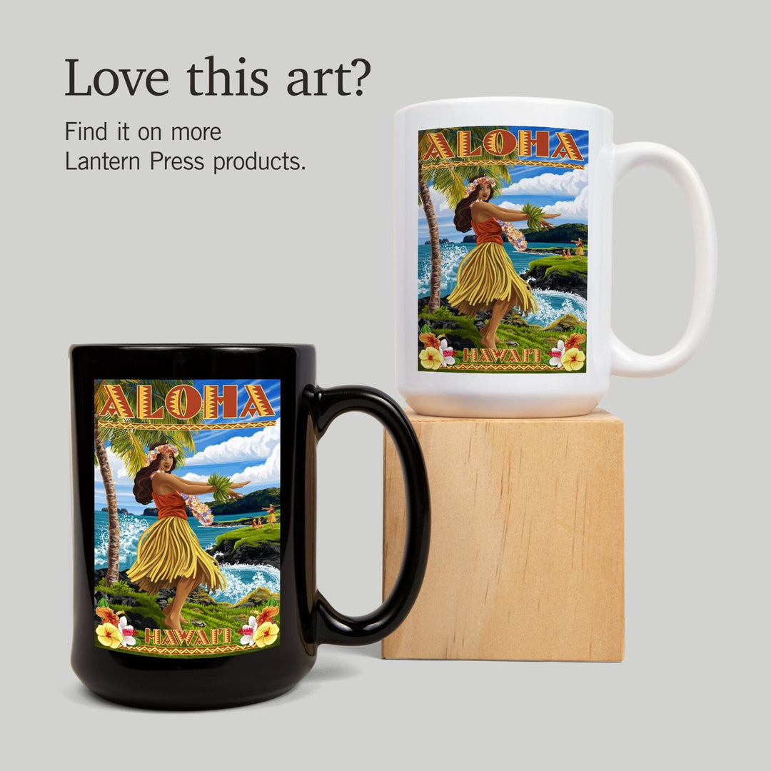 Hawaii, Aloha, Hula Girl on Coast (Flower Border), Lantern Press Artwork, Ceramic Mug Mugs Lantern Press 