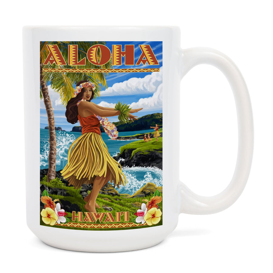 Hawaii, Aloha, Hula Girl on Coast (Flower Border), Lantern Press Artwork, Ceramic Mug Mugs Lantern Press 