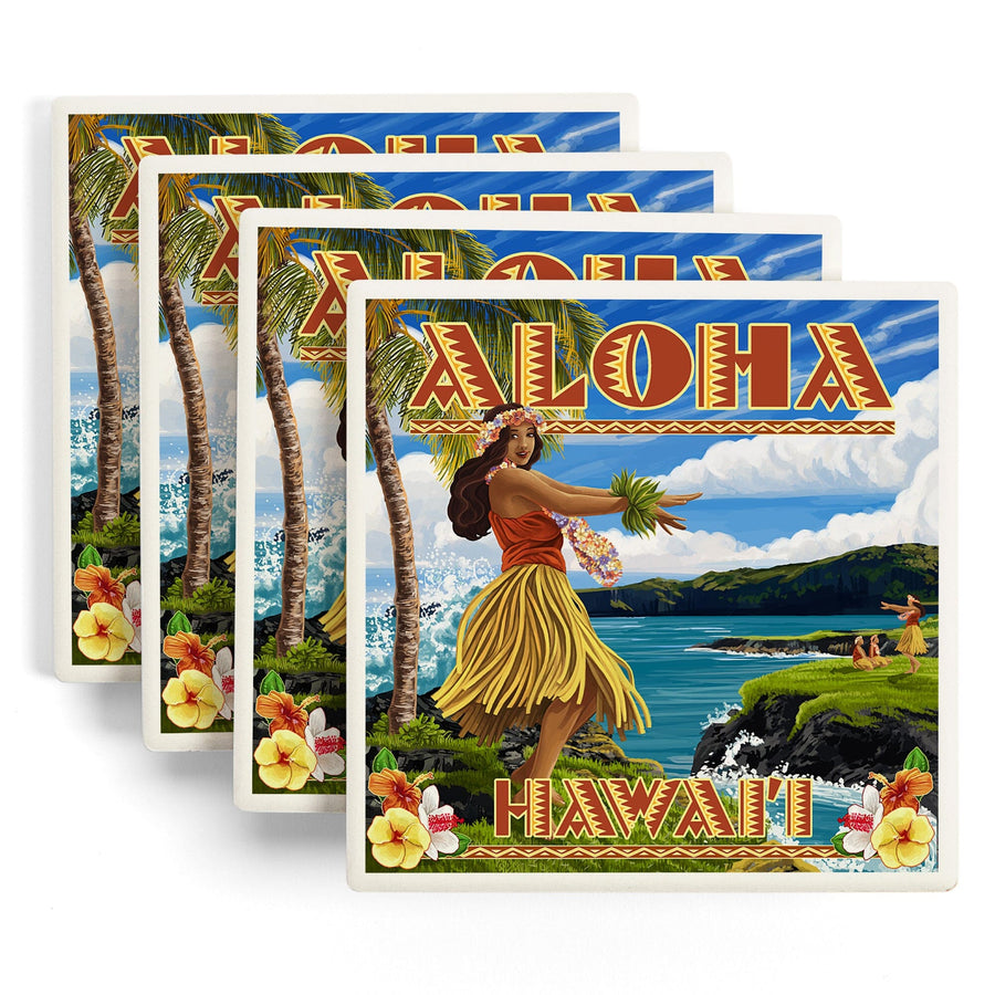 Hawaii, Aloha, Hula Girl on Coast (Flower Border), Lantern Press Artwork, Coaster Set - Lantern Press