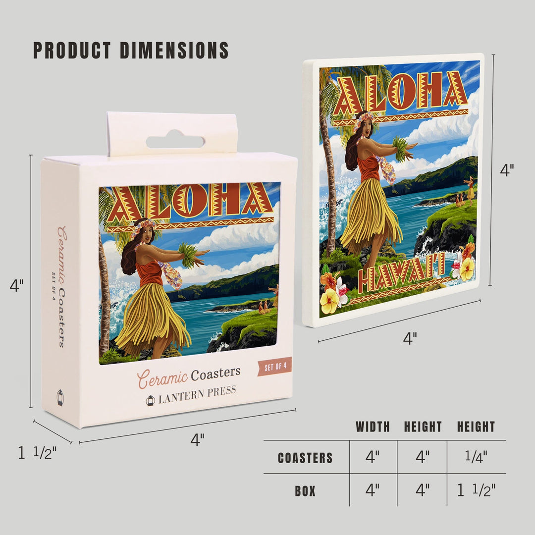 Hawaii, Aloha, Hula Girl on Coast (Flower Border), Lantern Press Artwork, Coaster Set - Lantern Press