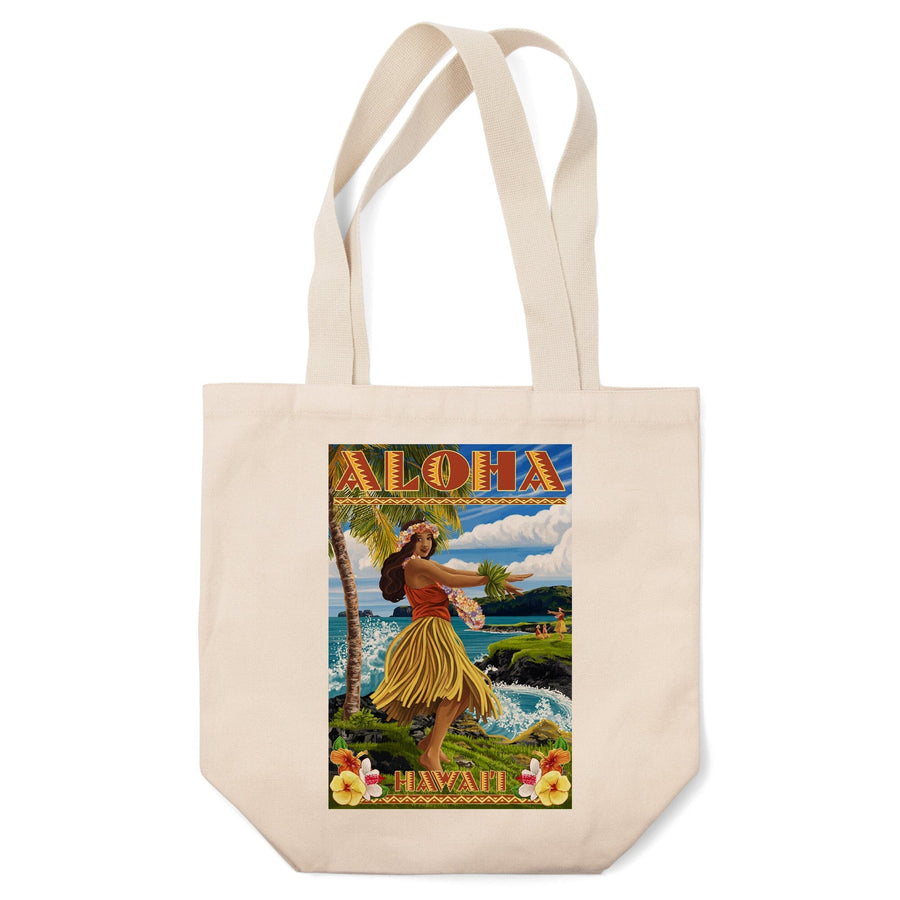 Hawaii, Aloha, Hula Girl on Coast (Flower Border), Lantern Press Artwork, Tote Bag Totes Lantern Press 