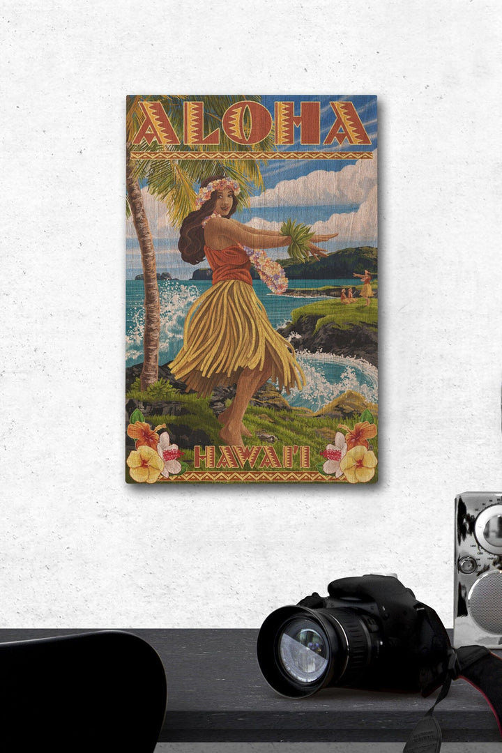 Hawaii, Aloha, Hula Girl on Coast (Flower Border), Lantern Press Artwork, Wood Signs and Postcards Wood Lantern Press 12 x 18 Wood Gallery Print 