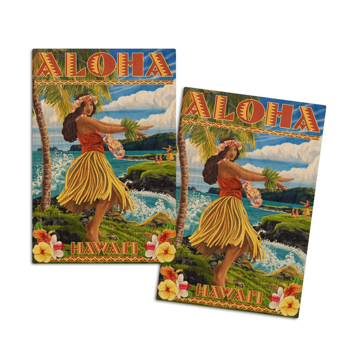Hawaii, Aloha, Hula Girl on Coast (Flower Border), Lantern Press Artwork, Wood Signs and Postcards Wood Lantern Press 4x6 Wood Postcard Set 
