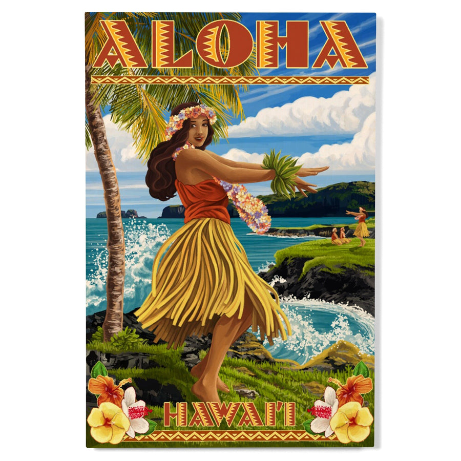 Hawaii, Aloha, Hula Girl on Coast (Flower Border), Lantern Press Artwork, Wood Signs and Postcards Wood Lantern Press 
