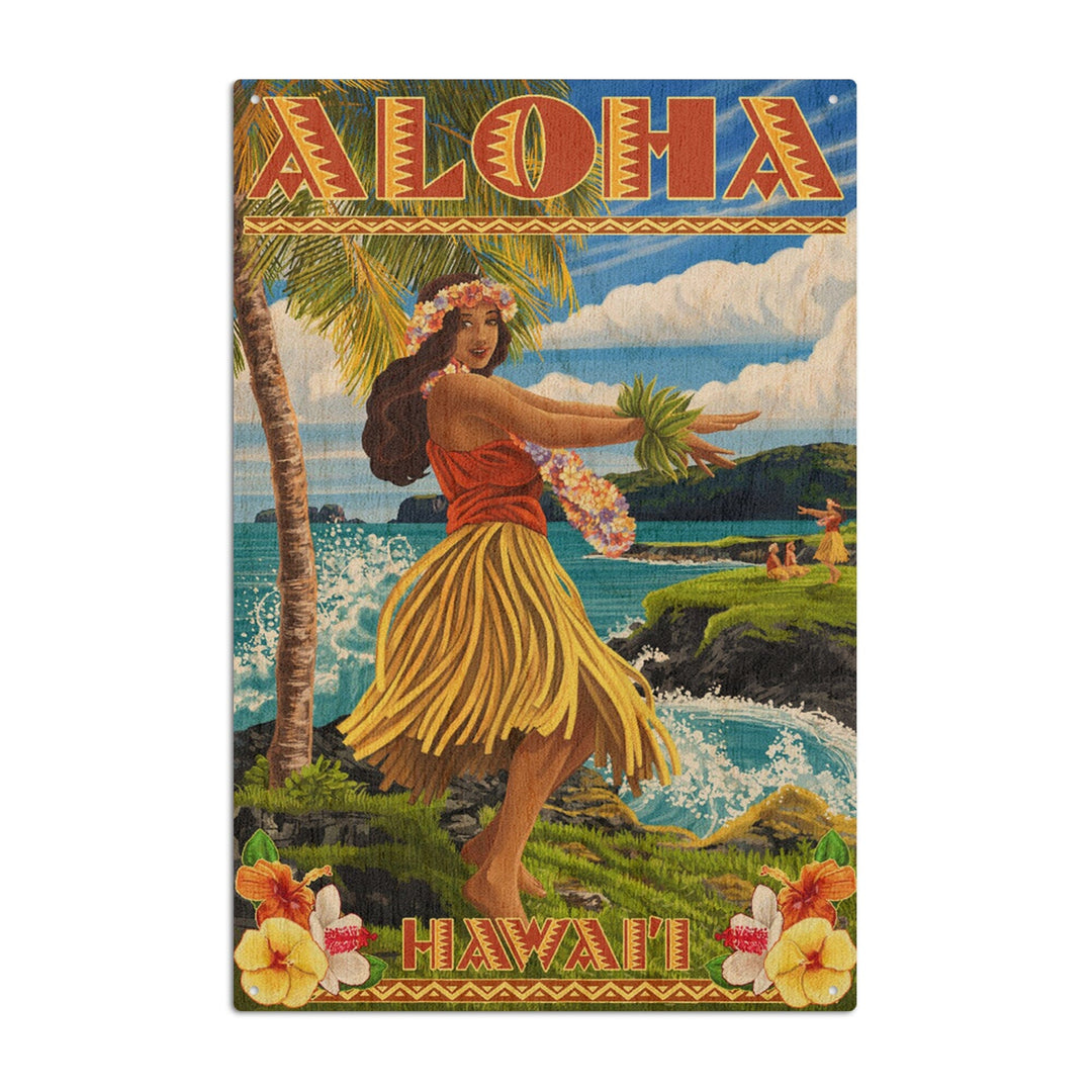 Hawaii, Aloha, Hula Girl on Coast (Flower Border), Lantern Press Artwork, Wood Signs and Postcards Wood Lantern Press 6x9 Wood Sign 