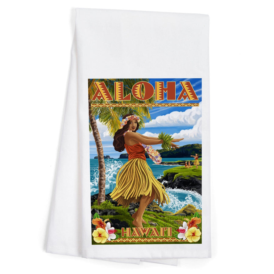 Hawaii, Aloha, Hula Girl on Coast (Flower Border), Organic Cotton Kitchen Tea Towels Kitchen Lantern Press 