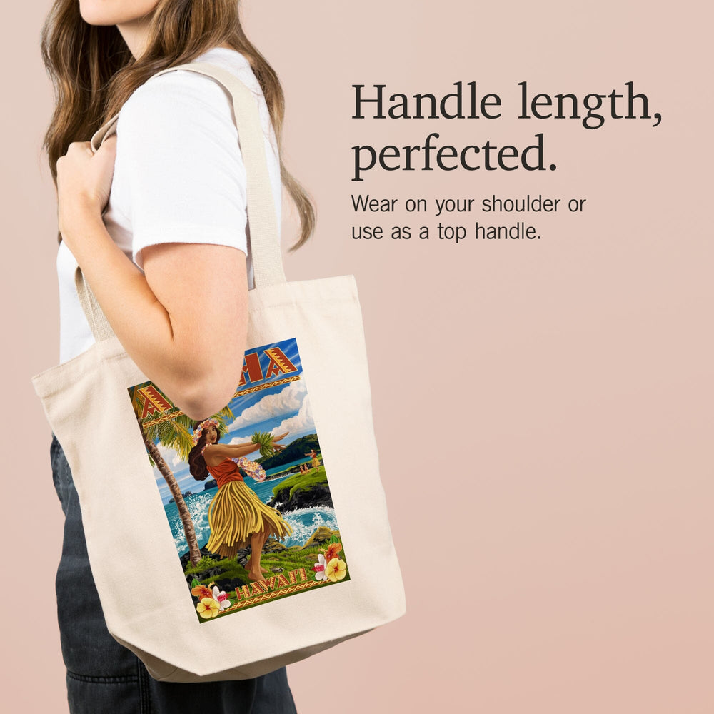 Hawaii, Aloha, Hula Girl on Coast (Flower Border), Tote Bag Totes Lantern Press 