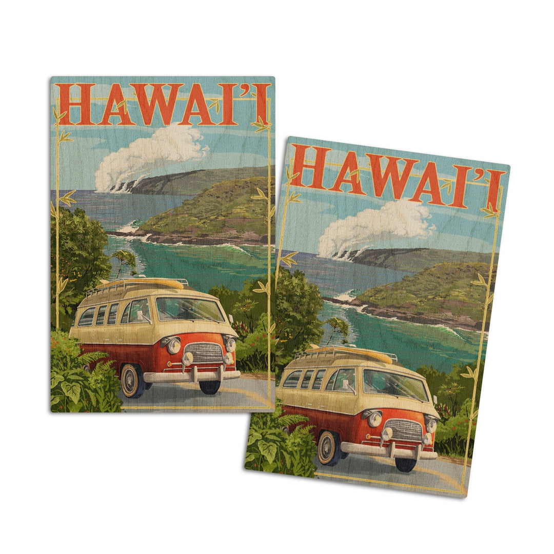 Hawaii, Camper Van, Lantern Press Artwork, Wood Signs and Postcards Wood Lantern Press 4x6 Wood Postcard Set 