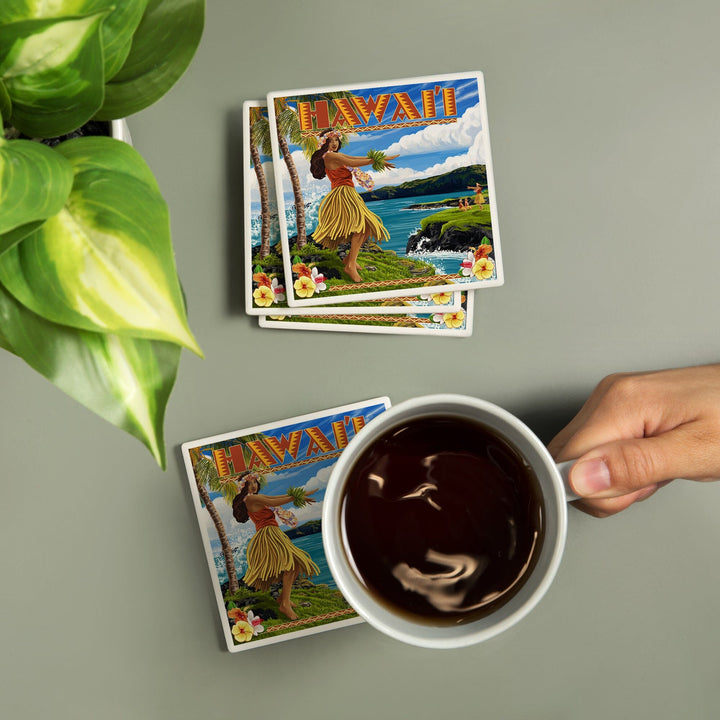 Hawaii, Hula Girl on Coast, Coasters Coasters Lantern Press 