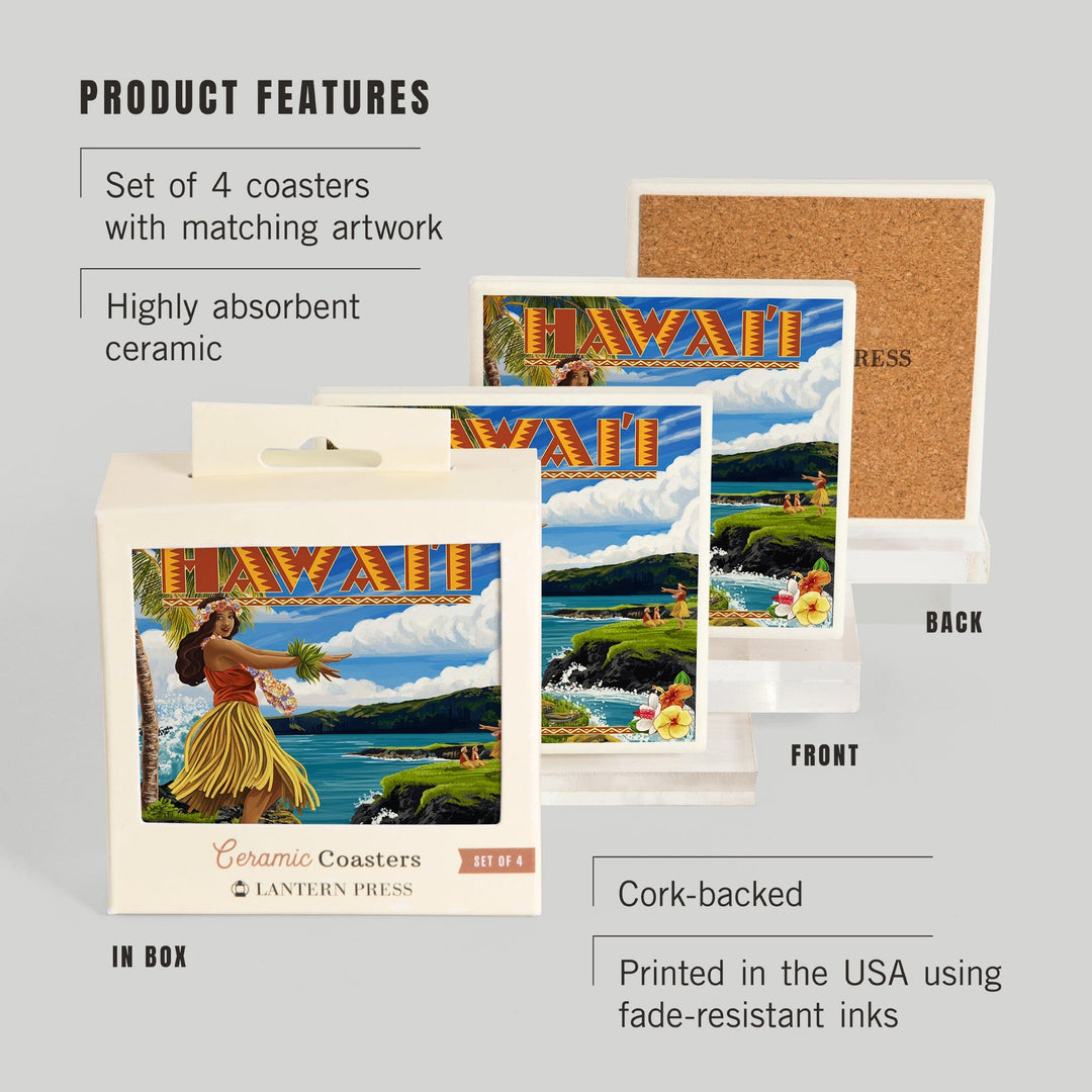 Hawaii, Hula Girl on Coast, Coasters Coasters Lantern Press 
