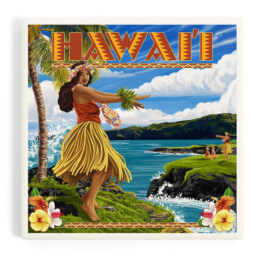 Hawaii, Hula Girl on Coast, Coasters Coasters Lantern Press 