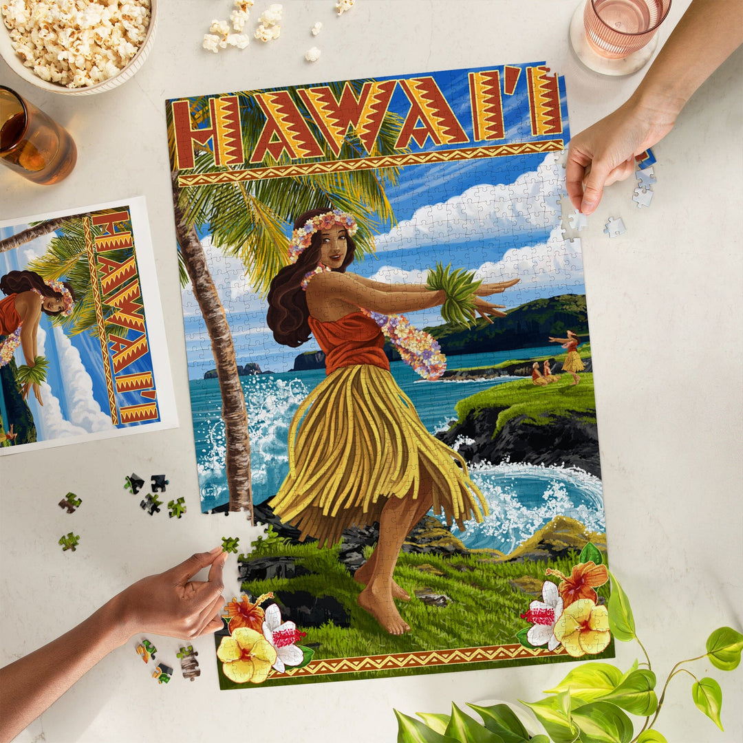 Hawaii, Hula Girl on Coast, Jigsaw Puzzle Puzzle Lantern Press 