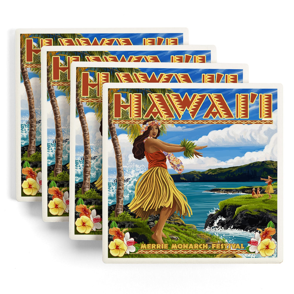 Hawaii, Hula Girl on Coast, Merrie Monarch Festival, Coasters Coasters Lantern Press 