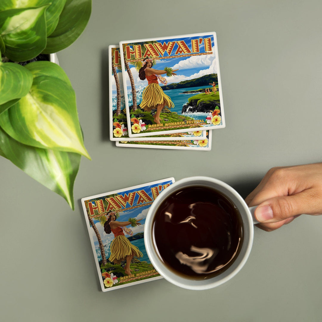 Hawaii, Hula Girl on Coast, Merrie Monarch Festival, Coasters Coasters Lantern Press 