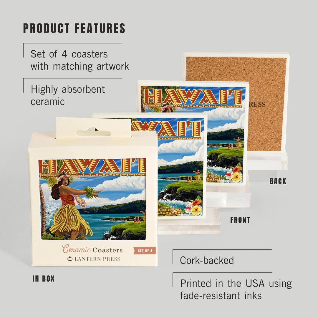 Hawaii, Hula Girl on Coast, Merrie Monarch Festival, Coasters Coasters Lantern Press 