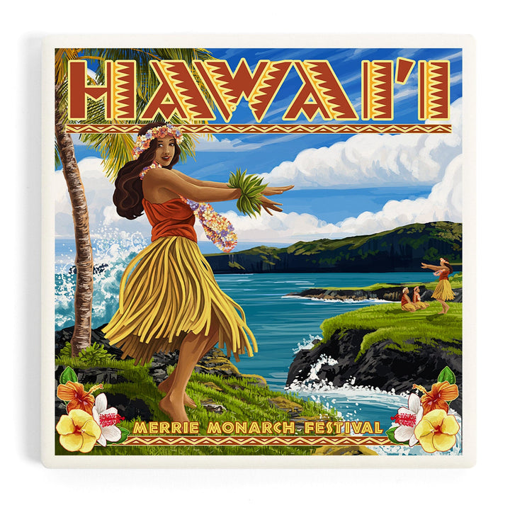 Hawaii, Hula Girl on Coast, Merrie Monarch Festival, Coasters Coasters Lantern Press Coaster 