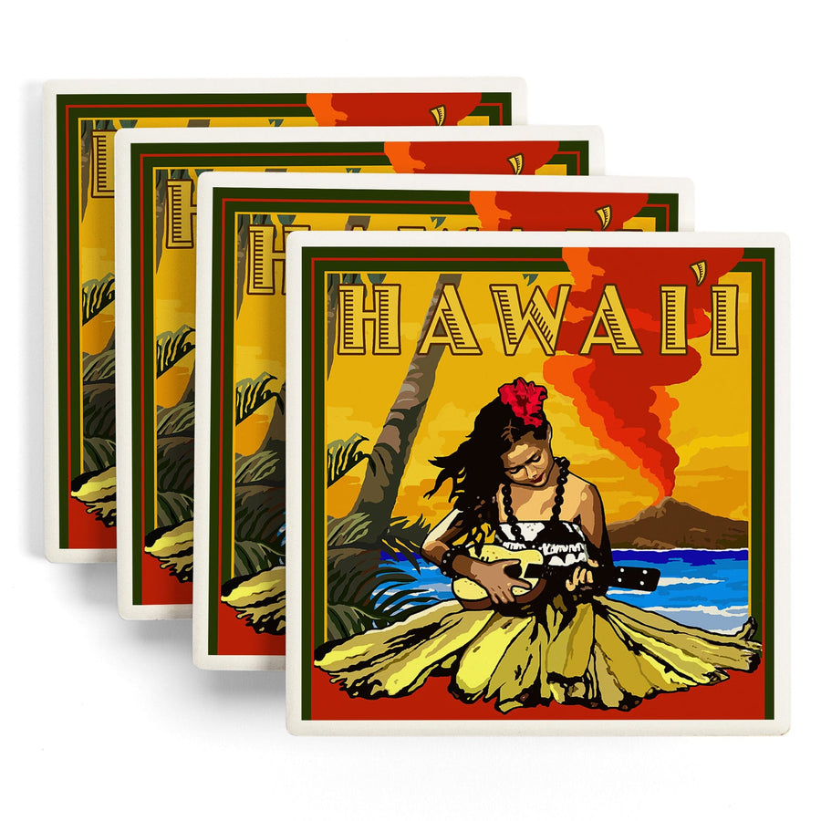 Hawaii, Hula Girl & Ukulele, Lantern Press Artwork, Coaster Set - Lantern Press