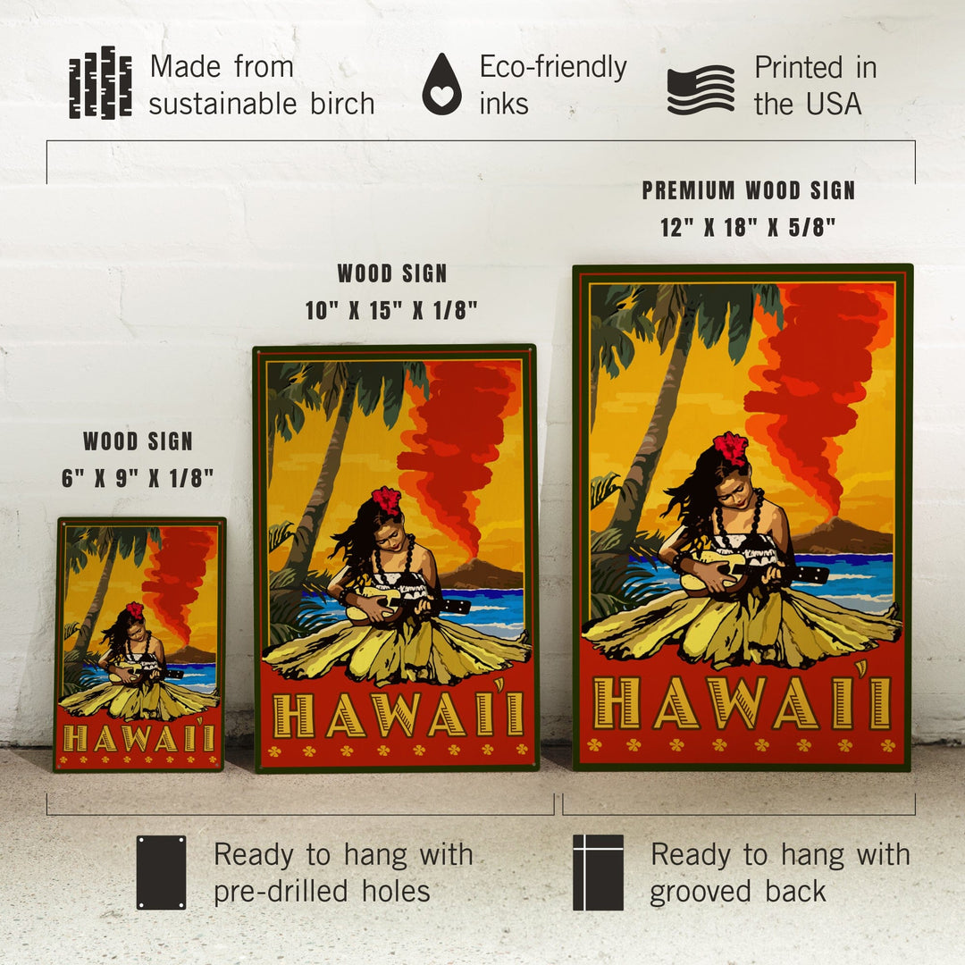 Hawaii, Hula Girl & Ukulele, Lantern Press Artwork, Wood Signs and Postcards Wood Lantern Press 