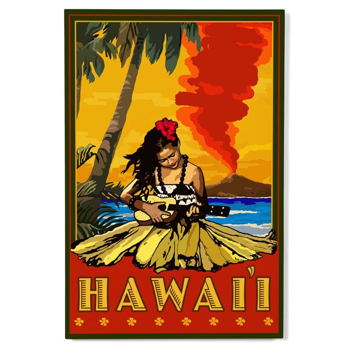 Hawaii, Hula Girl & Ukulele, Lantern Press Artwork, Wood Signs and Postcards Wood Lantern Press 