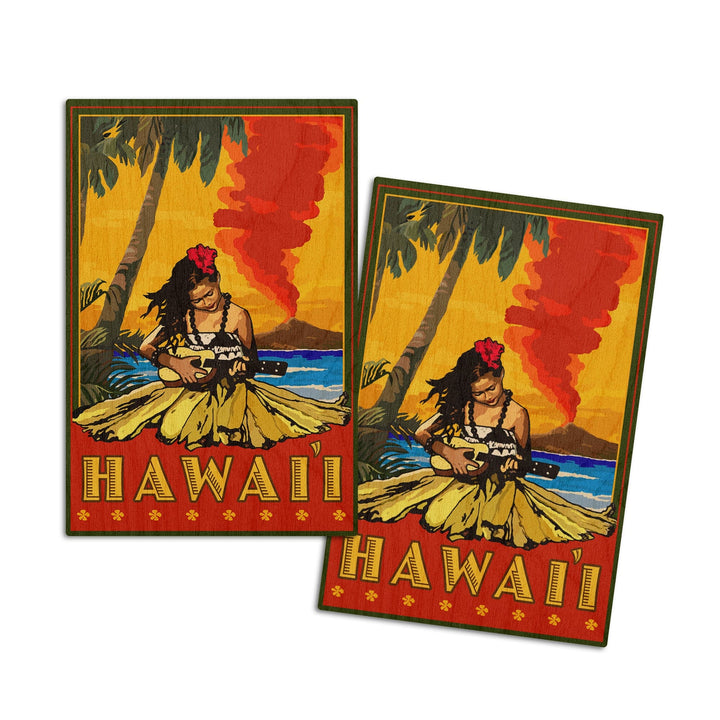 Hawaii, Hula Girl & Ukulele, Lantern Press Artwork, Wood Signs and Postcards Wood Lantern Press 4x6 Wood Postcard Set 