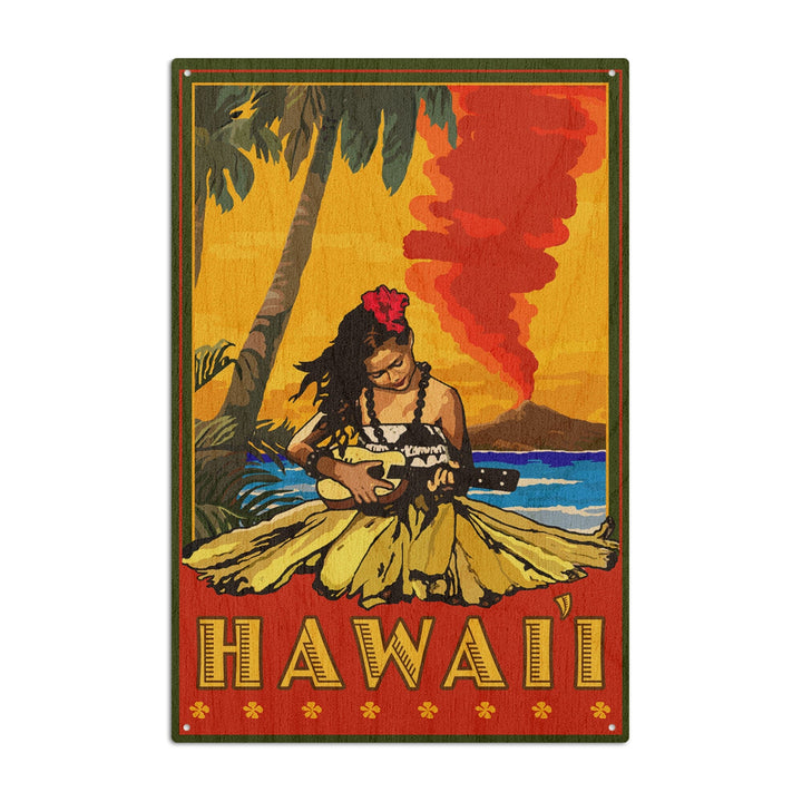 Hawaii, Hula Girl & Ukulele, Lantern Press Artwork, Wood Signs and Postcards Wood Lantern Press 6x9 Wood Sign 
