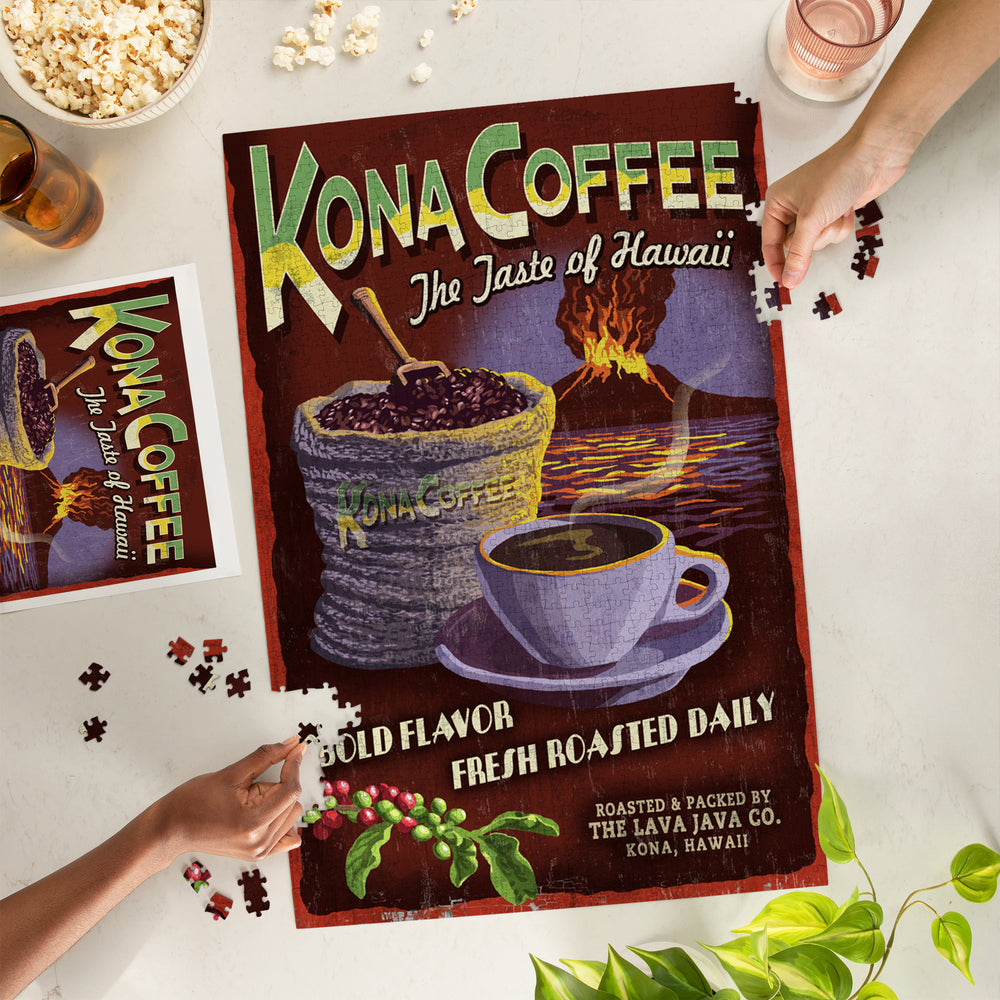 Hawai‘i, Kona Coffee Vintage Sign, Jigsaw Puzzle Puzzle Lantern Press 