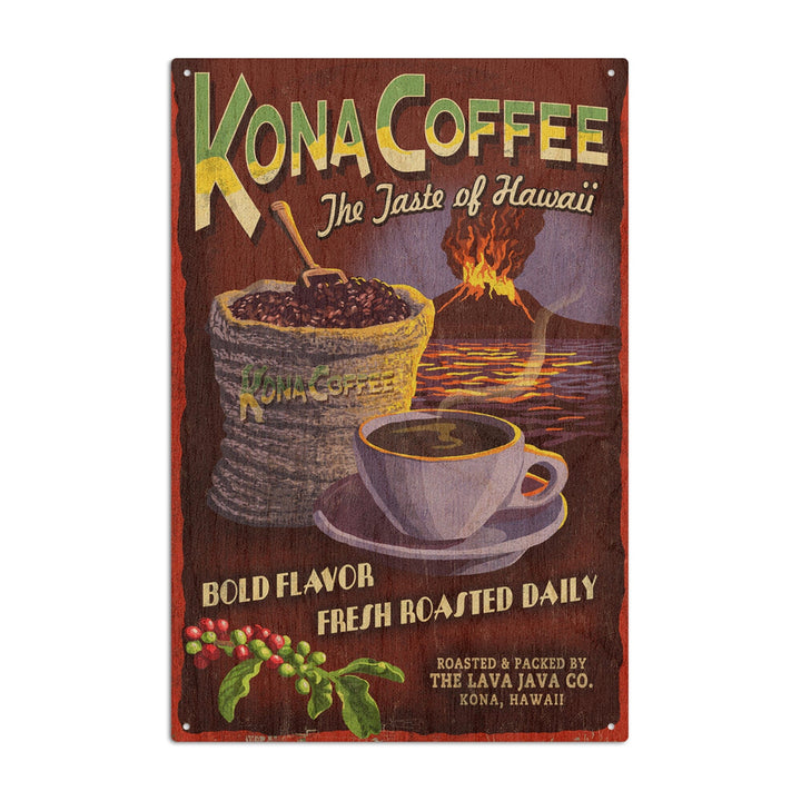 Hawaii, Kona Coffee Vintage Sign, Lantern Press Artwork, Wood Signs and Postcards Wood Lantern Press 10 x 15 Wood Sign 