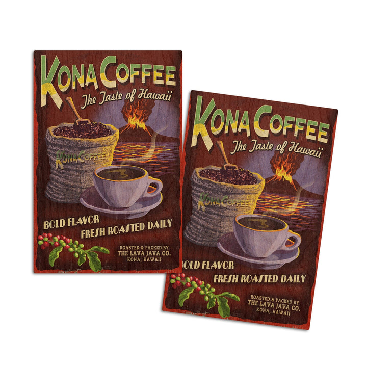 Hawaii, Kona Coffee Vintage Sign, Lantern Press Artwork, Wood Signs and Postcards Wood Lantern Press 4x6 Wood Postcard Set 