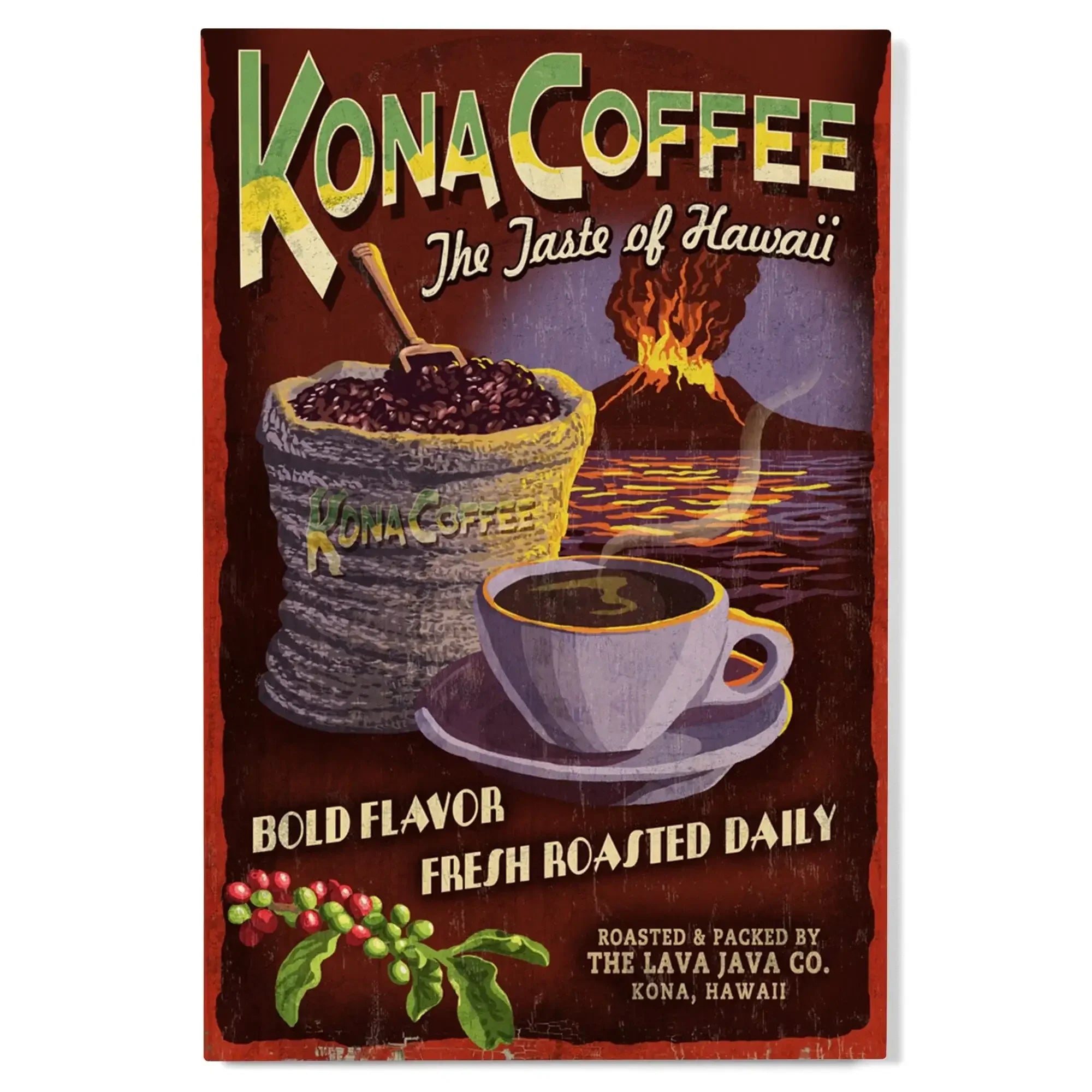 Hawaii, Kona Coffee Vintage Sign, Lantern Press Artwork, Wood Signs an