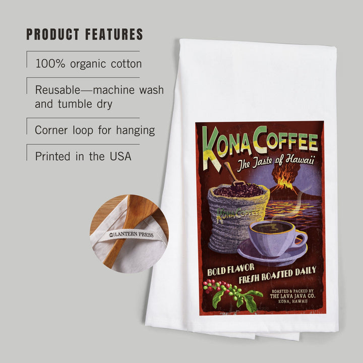Hawai‘i, Kona Coffee Vintage Sign, Organic Cotton Kitchen Tea Towels Kitchen Lantern Press 