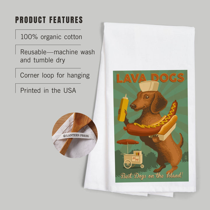 Hawaii, Lava Hot Dogs, Best Dogs on the Island, Dachshund, Retro Hotdog Ad Press, Organic Cotton Kitchen Tea Towels Kitchen Lantern Press 