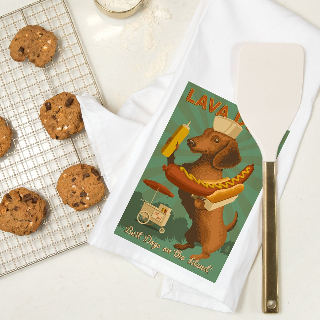 Hawaii, Lava Hot Dogs, Best Dogs on the Island, Dachshund, Retro Hotdog Ad Press, Organic Cotton Kitchen Tea Towels Kitchen Lantern Press 