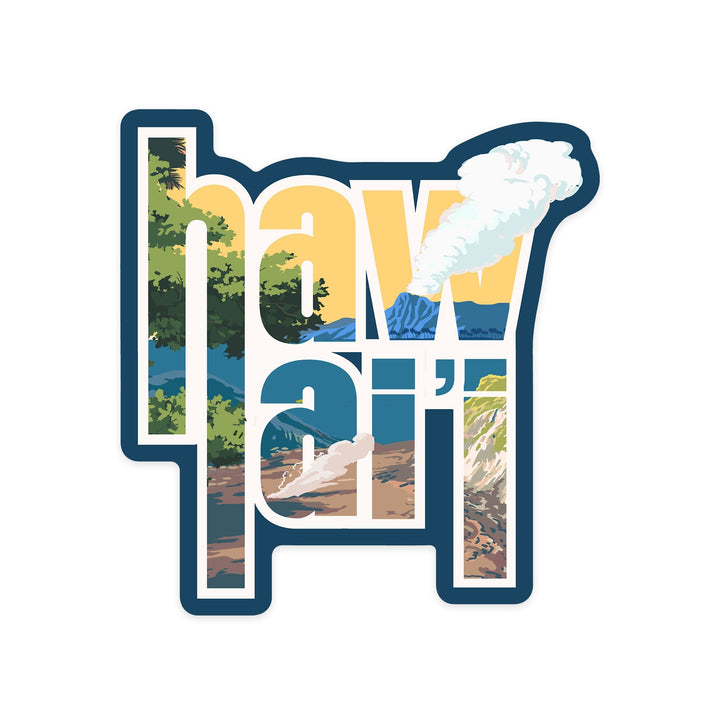 Hawaii, Letters & Volcano Scene, Contour, Lantern Press Artwork, Vinyl Sticker - Lantern Press