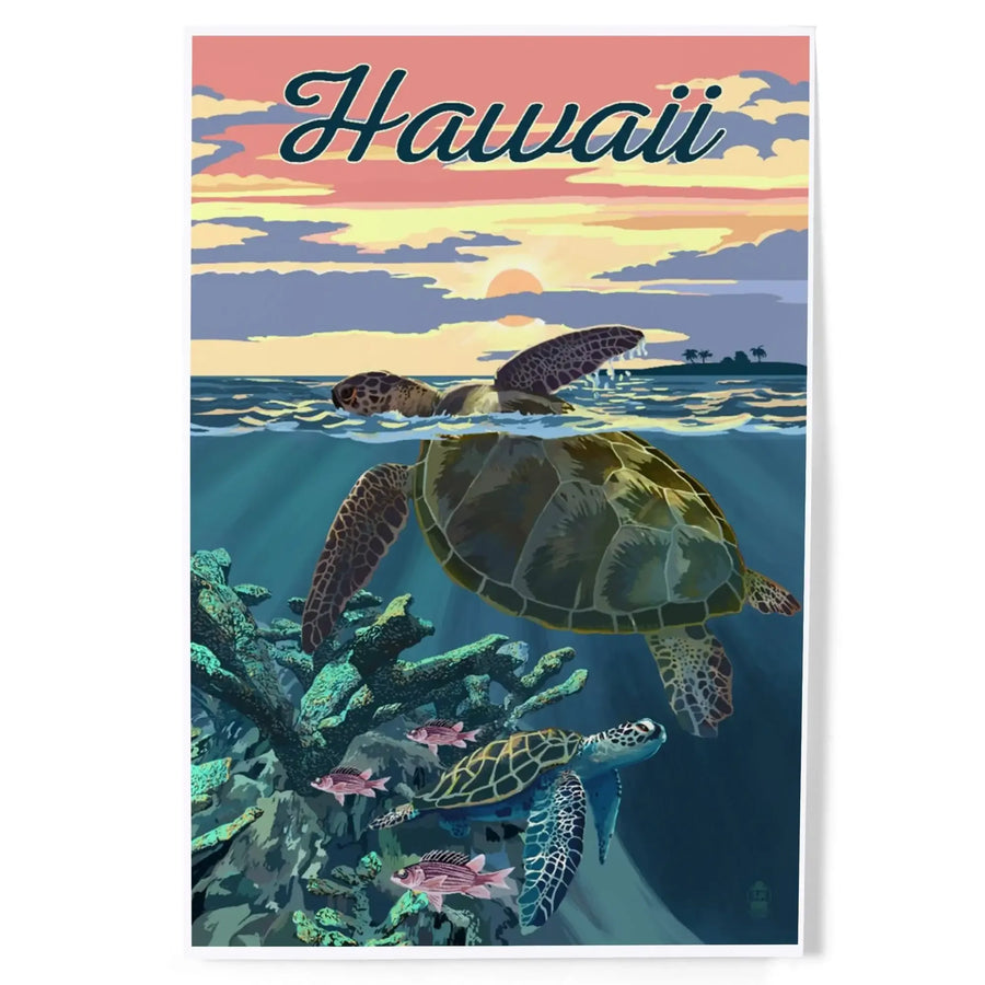 Hawaii, Loggerhead Sea Turtle and Sunset art prints, metal signs