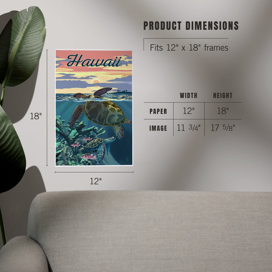 Hawaii, Loggerhead Sea Turtle and Sunset, Art & Giclee Prints Art Lantern Press 