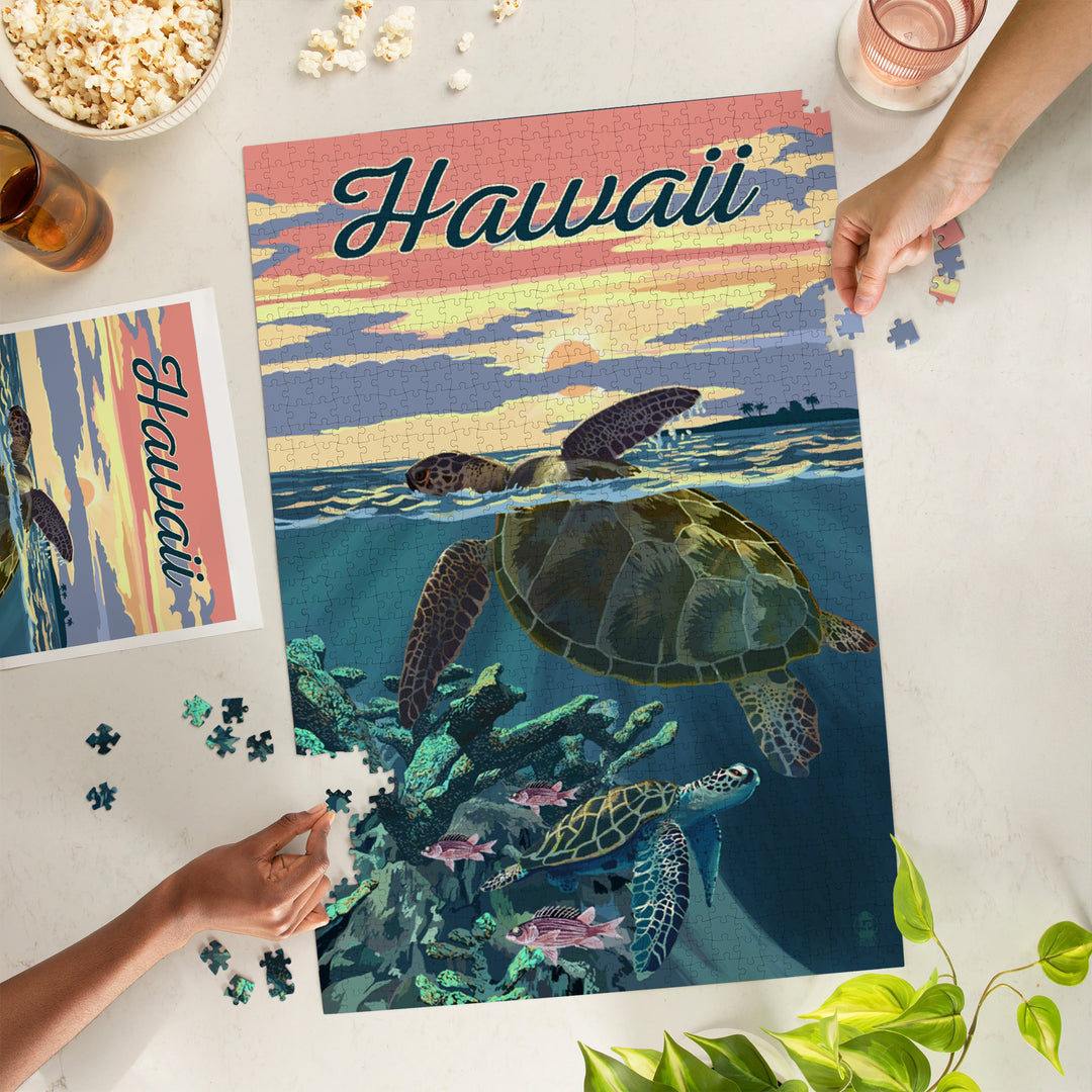 Hawaii, Loggerhead Sea Turtle and Sunset, Jigsaw Puzzle Puzzle Lantern Press 